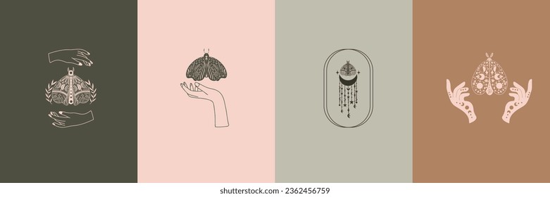Vector set of mystical celestial moths and female hands, pre-made logo set