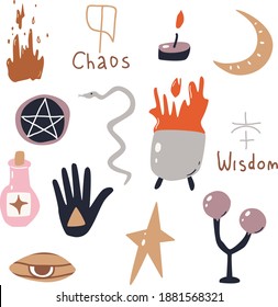 Vector set of mystical elements for witches. Drawings in a flat style. Can be used as stickers and decals for decoration.