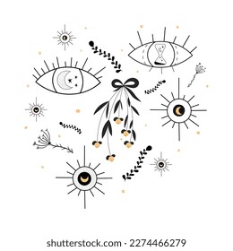 Vector set of mystical, esoteric elements, a bouquet of yellow berries, an eye with sand timers inside, magical plants, a moon, and stars. Flat illustration yellow, black сolors. 