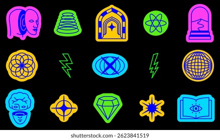 Vector Set of Mystical Esoteric, Psychedelic and Abstract Symbols on Dark Background for Creative Decorative Artwork, Design, Posters, Banners, Prints, Stickers - part 1