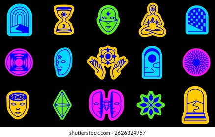 Vector Set of Mystical Esoteric, Psychedelic and Abstract Symbols on Dark Background for Creative Decorative Artwork, Design, Posters, Banners, Prints, Stickers - part 4