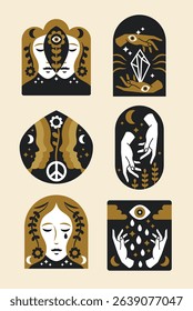 A vector set of mystical folk art symbols including hands, moons, crystals, and spiritual eyes. Great for spiritual, metaphysical, or boho design.