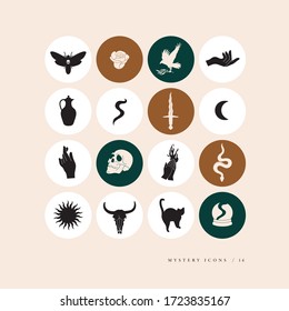Vector set mystical icons and emblems - social media story highlight. Different bohemian icons in trendy linear style