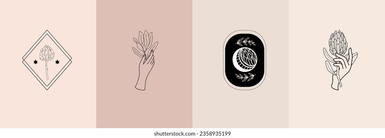 Vector set of mystical illustrations, female hands and magic flowers, minimal celestial and floral line art drawing, pre-made logo set