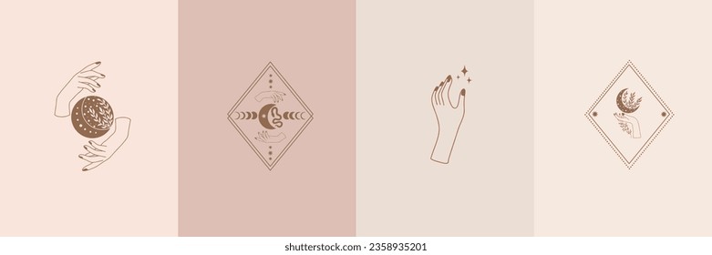 Vector set of mystical illustrations, witchy hands and crescent moon, minimal celestial and floral line art drawing, pre-made logo set