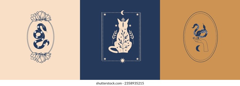 Vector set of mystical illustrations, witchy hands, cat, moon, snakes, witchcraft symbol, witchy esoteric objects, minimal celestial line art drawing