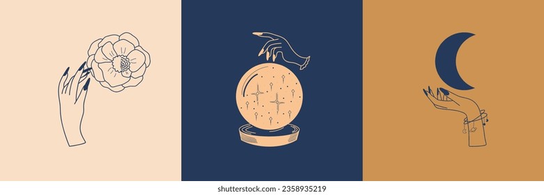 Vector set of mystical illustrations, witchy hands and crescent moon, magic crystal ball, minimal celestial and floral line art drawing, pre-made logo set