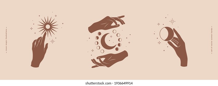 Vector set of mystical magic logo with elegant hands, moon, sun and stars. Spiritual occultism symbols, esoteric objects. Trendy colors, minimal design.