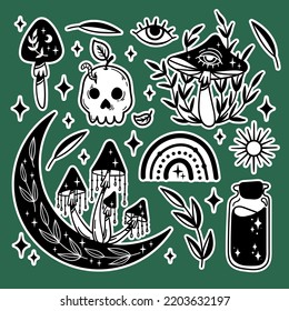 Vector set of mystical magic stickers with a white outline: mushrooms, crescent moon, sun, space, potions, stars, skull-apple, rainbow, leaves. Black and white isolated elements in boho style.