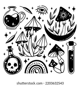 Vector set of mystical magic stickers: mushrooms, crescent moon, potions, stars, skull in a flask, rainbow, leaves. Black and white isolated elements in boho style.