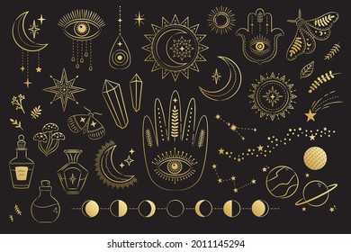 Vektorset mystischer Zaubersymbole. Spiritueller Okkultismus handgezeichnet Linien Objekte mit Sonne, Mond, Sternen, Augen, Sonnenbrand, Stamm.