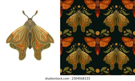 Conjunto vectorial de patrones y tarjetas místicos sin fisuras con polillas, hojas y lunas. Colección de ilustración y textura con mariposas. Fondo sagrado plano e imagen de un insecto volador 