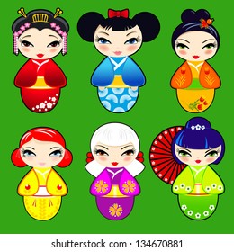 Vector set N 2 of cute kokeshi dolls