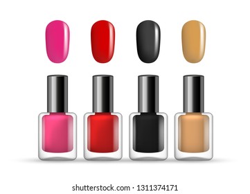 Vector set of nail polish bottles of different colors with samples on nails isolated on white background