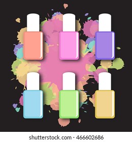 Vector set of nail polish in trendy pastel soft colors. Nail polish bottle set. Nail polish splash. 