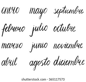 vector set of names of the months in Spanish in handlettering style: january, february, march, april, may, june, july, august, september, october, november, december