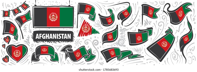Conjunto de vectores de la bandera nacional de Afganistán en varios diseños creativos