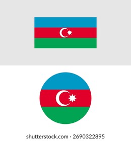 Um conjunto vetorial da bandeira nacional do Azerbaijão em duas formas: uma bandeira retangular e um ícone circular, ambos apresentando a tricolor de azul, vermelho e verde com um crescente branco 