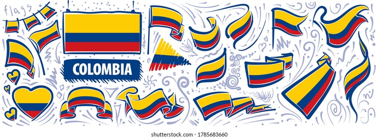 Conjunto de vectores de la bandera nacional de Colombia en varios diseños creativos