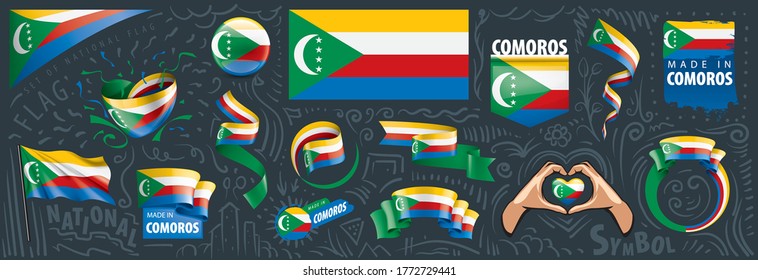 Conjunto de vectores de la bandera nacional de las Comoras en varios diseños creativos