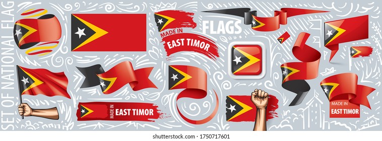 Conjunto de vectores de la bandera nacional de Timor Oriental en varios diseños creativos