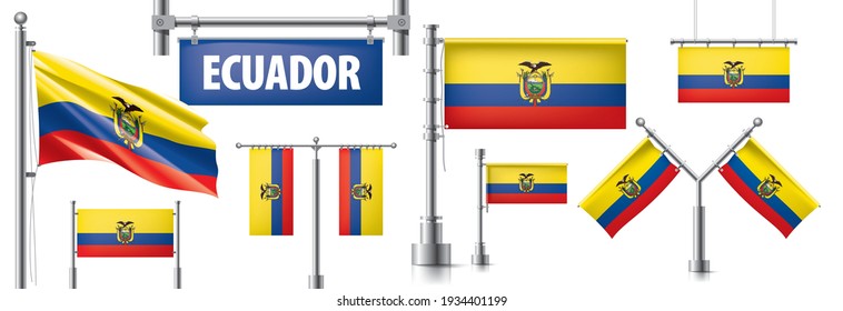 Conjunto de vectores de la bandera nacional de Ecuador en varios diseños creativos