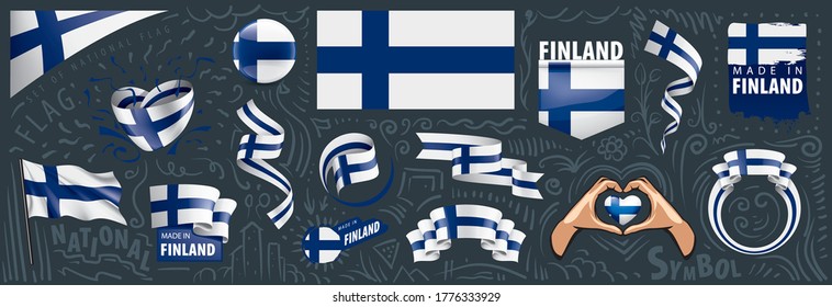 Conjunto de vectores de la bandera nacional de Finlandia en varios diseños creativos