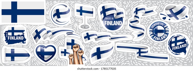 Conjunto de vectores de la bandera nacional de Finlandia en varios diseños creativos