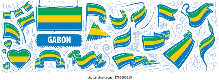 Conjunto de vectores de la bandera nacional de Gabón en varios diseños creativos