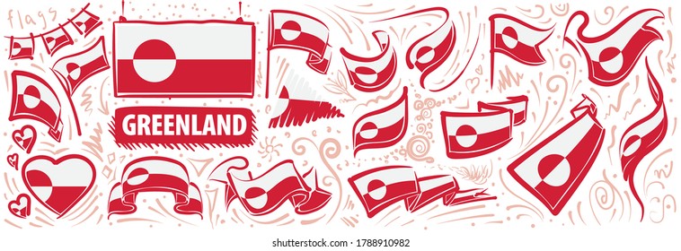 Vector set of the national flag of Greenland in various creative designs
