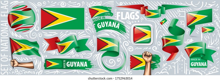 Conjunto de vectores de la bandera nacional de Guyana en varios diseños creativos
