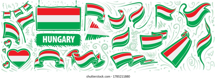 Conjunto de vectores de la bandera nacional de Hungría en varios diseños creativos