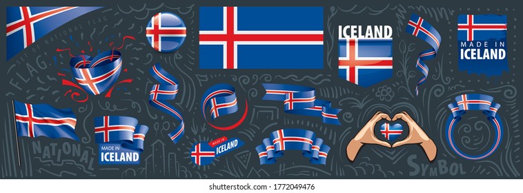 Conjunto de vectores de la bandera nacional de Islandia en varios diseños creativos