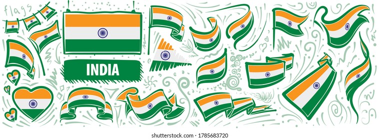 Conjunto de vectores de la bandera nacional de la India en varios diseños creativos