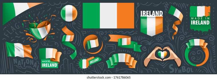 Conjunto de vectores de la bandera nacional de Irlanda en varios diseños creativos