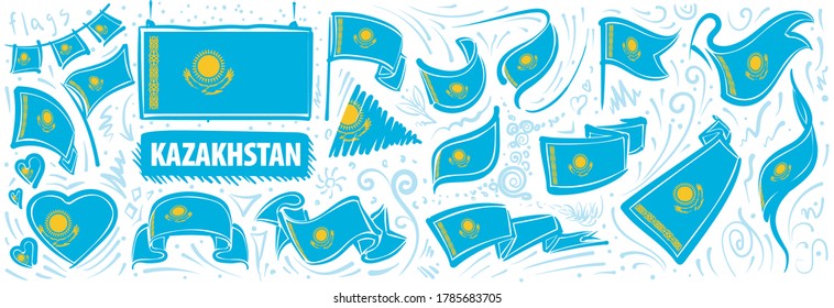 Vector set of the national flag of Kazakhstan in various creative designs
