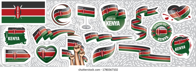 Conjunto de vectores de la bandera nacional de Kenia en varios diseños creativos