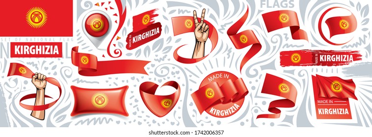 Vector set of the national flag of Kirghizia in various creative designs