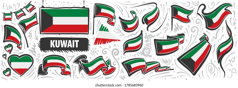 Vector set of the national flag of Kuwait in various creative designs