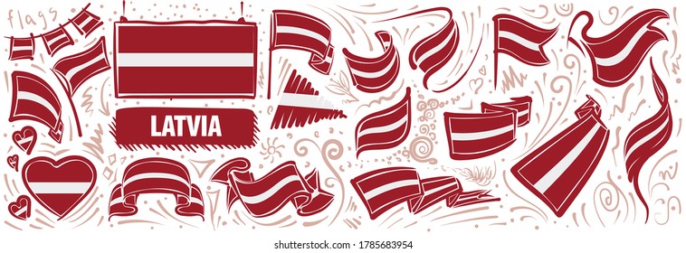 Conjunto de vectores de la bandera nacional de Letonia en varios diseños creativos
