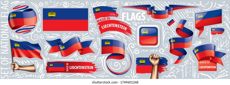 Conjunto de vectores de la bandera nacional de Liechtenstein en diversos diseños creativos