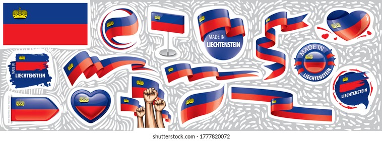 Conjunto de vectores de la bandera nacional de Liechtenstein en diversos diseños creativos
