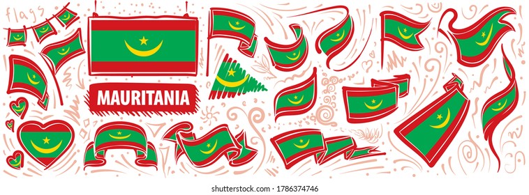 Conjunto de vectores de la bandera nacional de Mauritania en varios diseños creativos