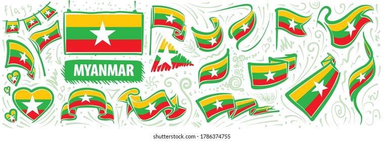 Conjunto de vectores de la bandera nacional de Myanmar en varios diseños creativos