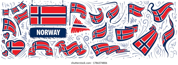 Conjunto de vectores de la bandera nacional de Noruega en varios diseños creativos