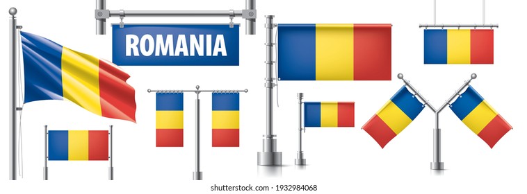 Conjunto de vectores de la bandera nacional de Rumania en varios diseños creativos