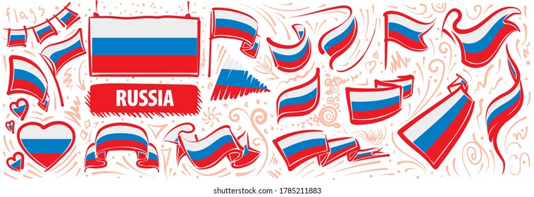 Conjunto de vectores de la bandera nacional de Rusia en varios diseños creativos