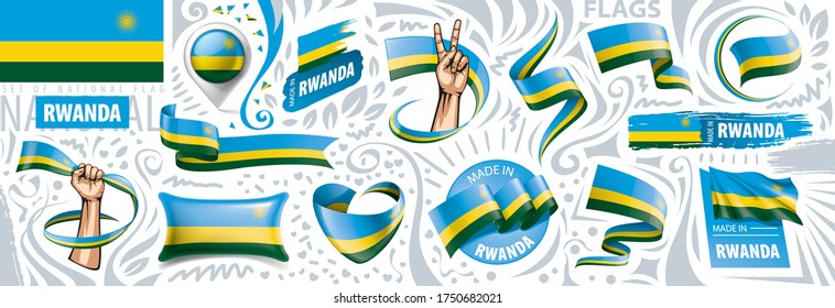 Conjunto de vectores de la bandera nacional de Ruanda en varios diseños creativos