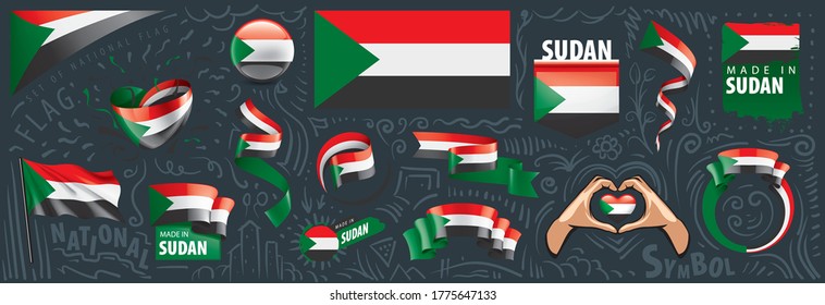 Conjunto de vectores de la bandera nacional de Sudán en varios diseños creativos