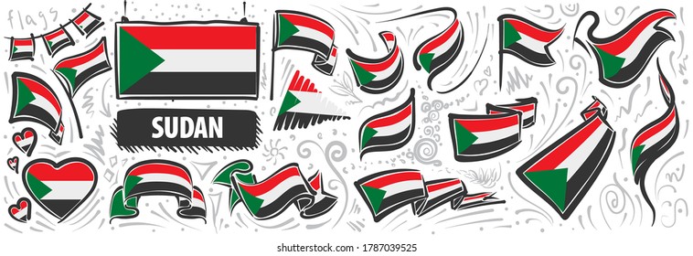 Conjunto de vectores de la bandera nacional de Sudán en varios diseños creativos